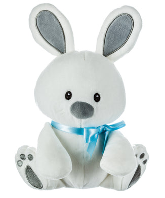 White Plush Bunny with Blue Ribbon