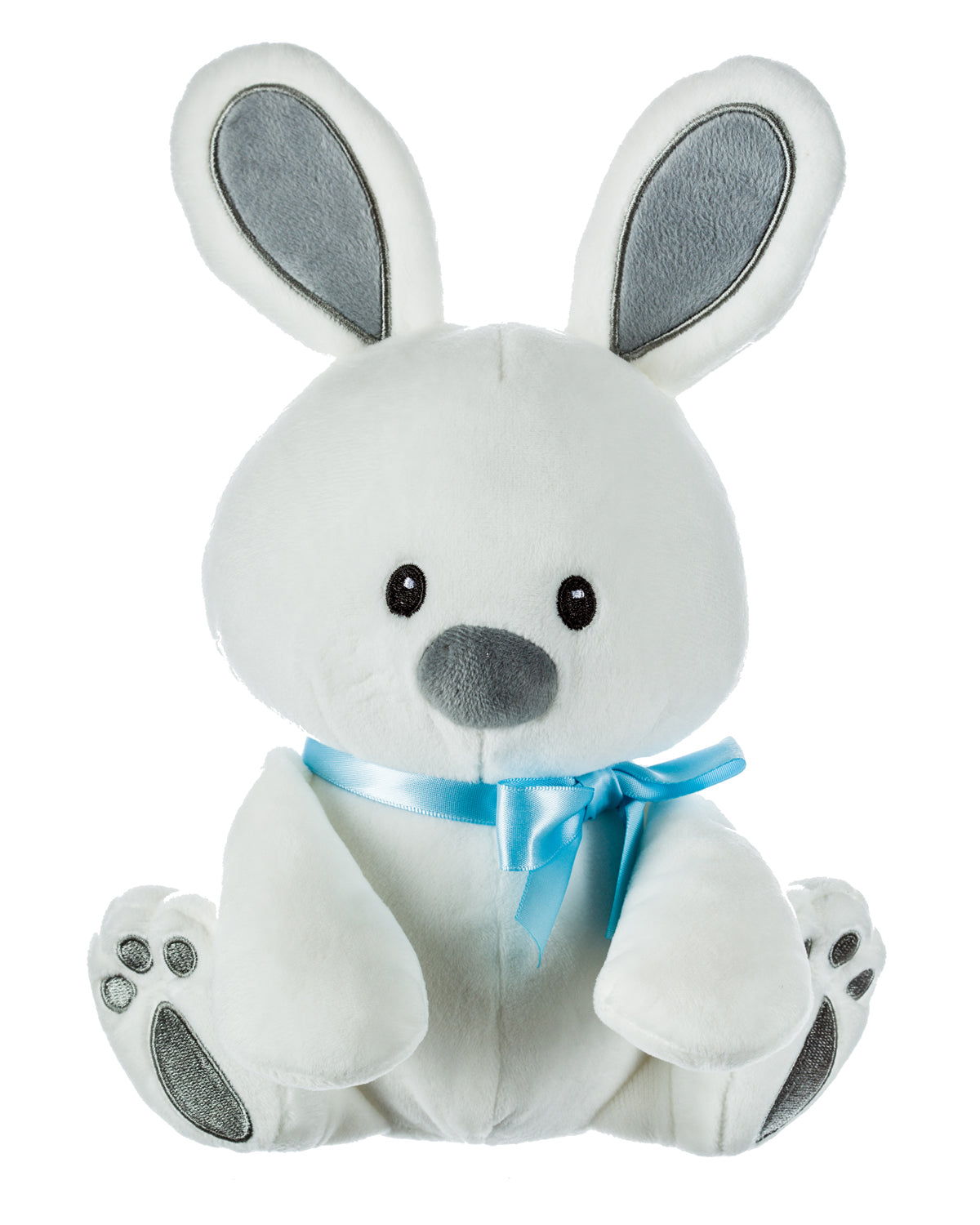 White Plush Bunny with Blue Ribbon